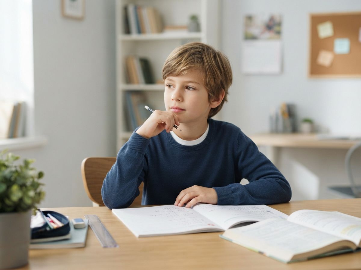 Лечение СДВГ в Кораблино у детей и взрослых Мальчик задумчиво сидит за столом с учебниками и тетрадями